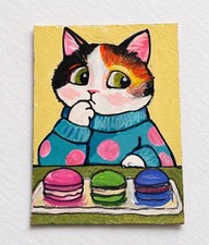 Macaron Crisis Cat ACEO Hand Painted Original Cute Funny Dessert Art picture