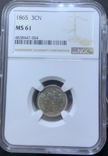 1865 Three  Cent Nickel NGC MS61 - Sharp Strike With Light Luster Civil War-Era picture