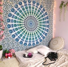 Indian Mandala Tapestry Wall Hanging Hippie Bohemian Bedspread Blue Peacock Art picture