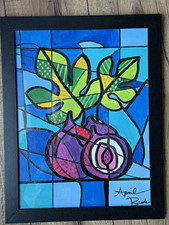 Original ABSTRACT mixed media painting POP ART fruit leaves figs 9x12  picture