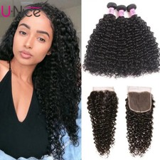 UNice 3 Bundles Malaysian Curly Human Hair Extensions with Lace Closure Wefts US picture