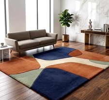 Hand Tufted Wool Rug, Organic Abstract Geometric Area, Navy Blue Carpet. picture