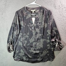 NEW Como Blu Top Blouse Women Small Abstract Print Gray Long Sleeve Roll Tab picture