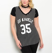 LIBIAN Plus Size (1X, 2X) Stripe Los Angeles Graphic Print V-neck Tee Top picture