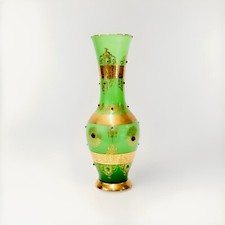 Antique Hand-Blown Venetian EMERALD GLASS Vase Gold Banded & Jeweled 15” | Italy picture