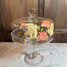 Vintage Hand Painted Glass Cake Stand Dome Autumn Maple Leaf Covered Pedestal picture