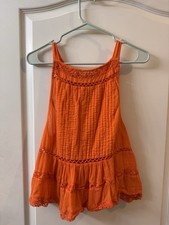 Free People Orange Sleeveless Button Front Crochet Woven Cotton Tank S picture