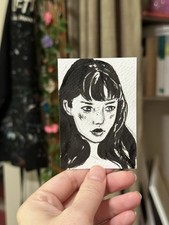 ACEO Original Moody Portrait of a Woman, Ink Art Black and White Drawing 2.5x3.5 picture