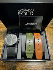 Movado Bold Men's Quartz Watch Black Dial w/ Black Green Brown Leather Straps picture