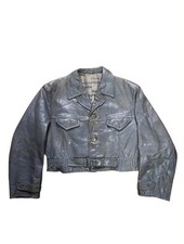 Vintage 1940s Cossack Leather Jacket Cropped Moto Belted Plaid Lined Grey M picture