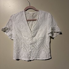 ADIVA White Eyelet Lace Flutter Sleeve Top  sz S Boho Cottage Romantic Festival picture