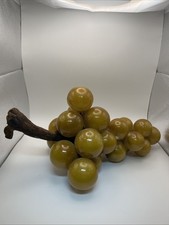 Vtg Stone Fruit Grape Cluster Golden Yellow Alabaster , Wood Stem , Italian 16” picture