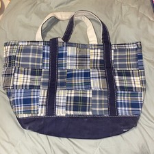 Vintage Rare L.L. Bean Patchwork Canvas Boat Tote Bag Blue White Green picture