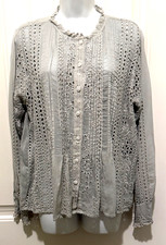 Johnny Was Grey Ruffles/Pintucks/Eyelet Embroidery Anglais Top Sz. Medium LS picture