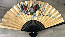 Vtg Chinese Wall Fan XXL Birds Gold Black Bamboo Hand Painted VIDEO - NO DUTY picture