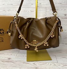 Coach Brown Solid Shoulder Bag Gold Hardware Chain Logo Charm Lined Pockets picture