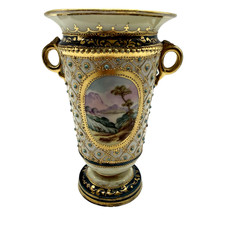 Nippon Hand Painted Landscape Gold Gild Raised Jeweled Enamel Moriage Urn Vase picture