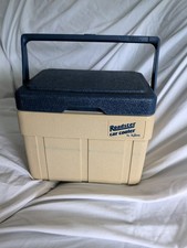 Vintage Igloo Roadster Car Cooler Tan Blue Retro Hard Sided Insulated Ice Chest picture