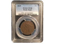 🔥 1839 1C Booby Head – PCGS XF30 BN – Scarce One‑Year Type – Strong Detail🔥 picture