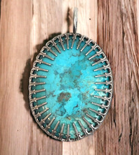 Artisan Signed Handmade Turquoise Metal Filigree Western Oval Pendant 2