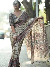 Semi Model Silk Ajrakh Print Saree Real Mirror Work Pallu Tassel Pompom Blouse picture