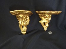 Antique French Wall Shelves Pair Gold Old European Wood Vintage Wood Shelf. picture