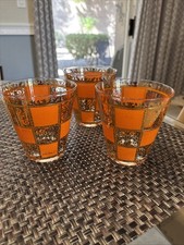 Vintage Culver Prado Orange 22 K Gold MCM Lowball Glasses set of 3  picture