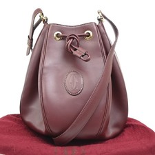 MUST DE CARTIER 2C Logo Drawstring Shoulder Bag Leather Red Gold 69PA353 picture