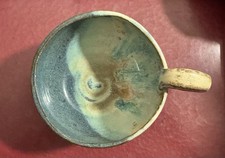 Signed Handmade Studio Pottery Soup Mug Bowl Teal Blue Cream Glaze picture