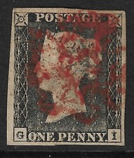 GB 1840 1d Grey Black Worn Plate 1a GI 4 Margins Red MX Fine Used B490 picture
