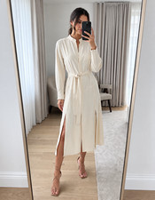 Reiss Darcy Neutral Long Sleeve Belted Midi Shirt Dress picture