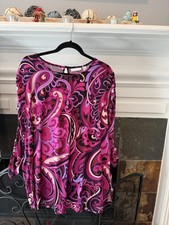 Susan Graver Knit Purple/Pink/Black Paisley Round Neck Keyhole Blouse 1X picture