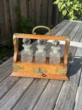 VICTORIAN ENGLISH OAK TANTALUS LIQUOR/PERFUME CABINET  WITH 3 CRYSTAL DECANTERS picture