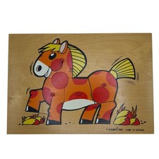 Vtg Simplex Toys Wooden Peg Puzzle Horse Pony Orange Spots Made in Holland 1960s picture