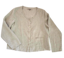 FLAX Linen SMALL Cardi Tan Blouse Lagenlook Buttons Long Sleeve Pocket NEW picture
