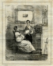 Antique Print-Interior-A woman receiving flowers-Le Charivari-Geniole-ca. 1835 picture