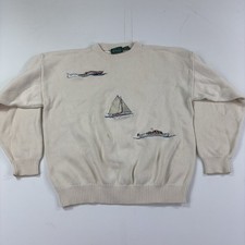 Vintage IZOD Sweater Mens Large White Cotton Crewneck Nautical Boat Graphic picture