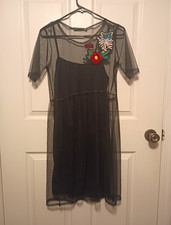 Potter's Pot Black Sheer Mesh Embroidered Butterfly Fit & Flare Dress M picture