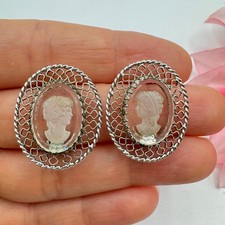 Vintage Whiting & Davis Intaglio Filigree Earrings Carved Glass Cameo Clip On picture