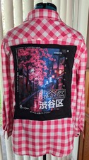 Upcycled Pink Gingham Flannel Shirt, Shibuya Cherry Blossom Patch, Cyberpunk XL picture