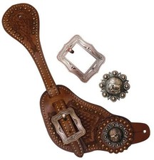 Showman Men's Tooled Leather Spur Straps w/ Copper Praying Cowboy Conchos picture