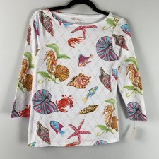 Talbots Bateau Neck Tee T Shirt Size XS Underwater World Seahorse Fish Shells picture