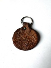 Vintage 1970s Hand Tooled Leather Keychain Fob Rising Sun Mountains Boho picture