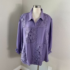 Indigo Thread Co Womens Plus 2X Crochet Accent Boho Button Up Shirt Top Purple picture