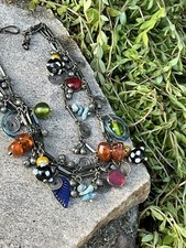 Vintage 3 Strand Silver Tone Art Glass Charm Bead Necklace Jewelry  picture