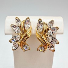 Vintage Trifari Marquise Rhinestone Spray Clip On Earrings Signed Sparkly Glam picture