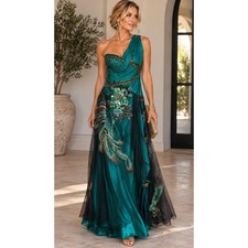Bicici Evening Dress Teal Peacock Embellished One Shoulder Fairy Y2K Size Medium picture