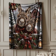 Christmas Donkeys In Scarves Coral Fleece Blanket Holiday Farm Decor picture