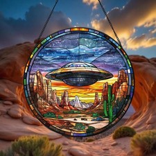 UFO Stained Glass Suncatcher, Alien UFO Window Hanging, UFO Art Home Decor picture
