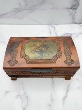 Vintage Carved Wood Jewelry Keepsake Box Mirror Floral Print Domed Lid picture